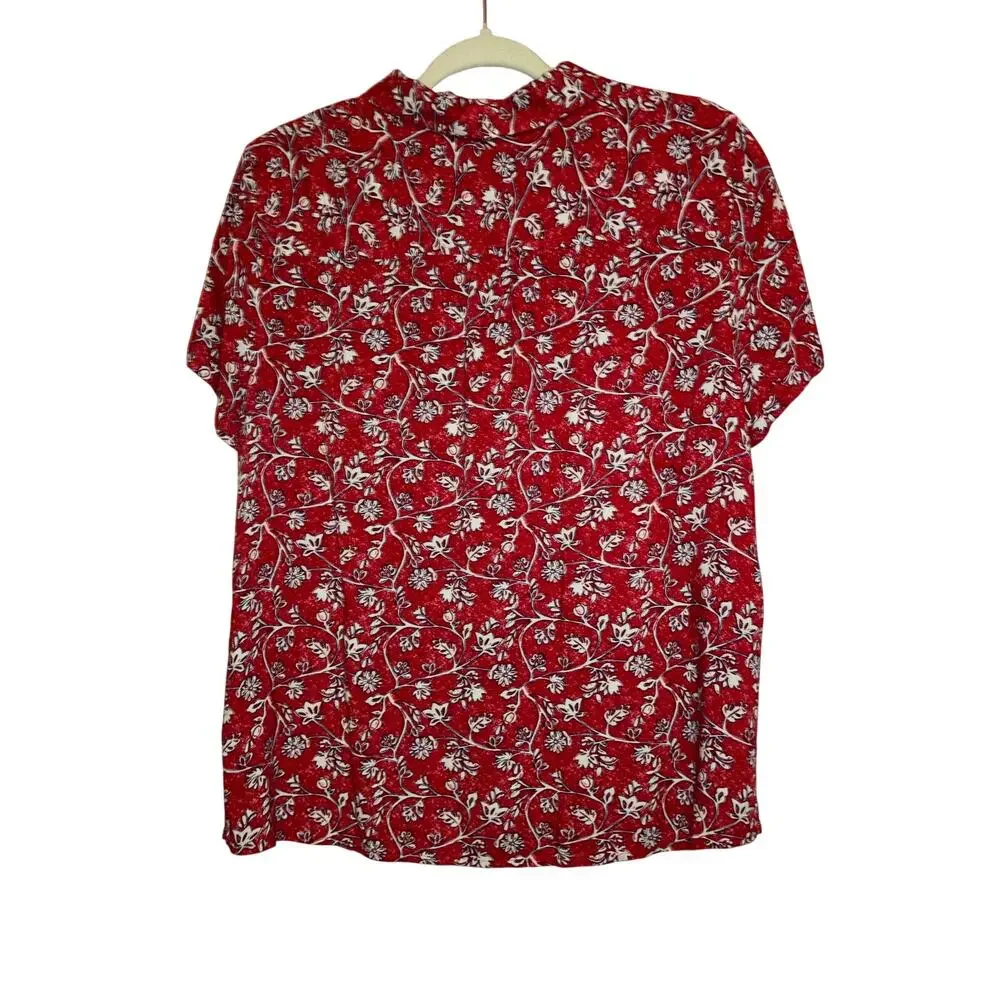 🥳 5/$20 Croft & Barrow Red Floral Short Sleeve Button Down Blouse Petite XL - Picture 4 of 4